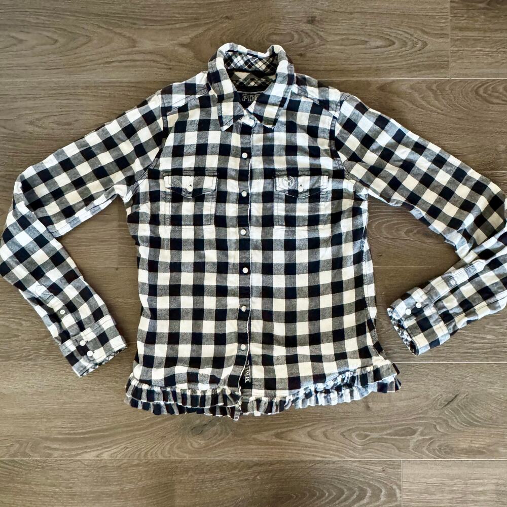 Y2K Victoria’s Secret Pink Buffalo Check Plaid Flannel Shirt XS/S Ruffle Cowgirl